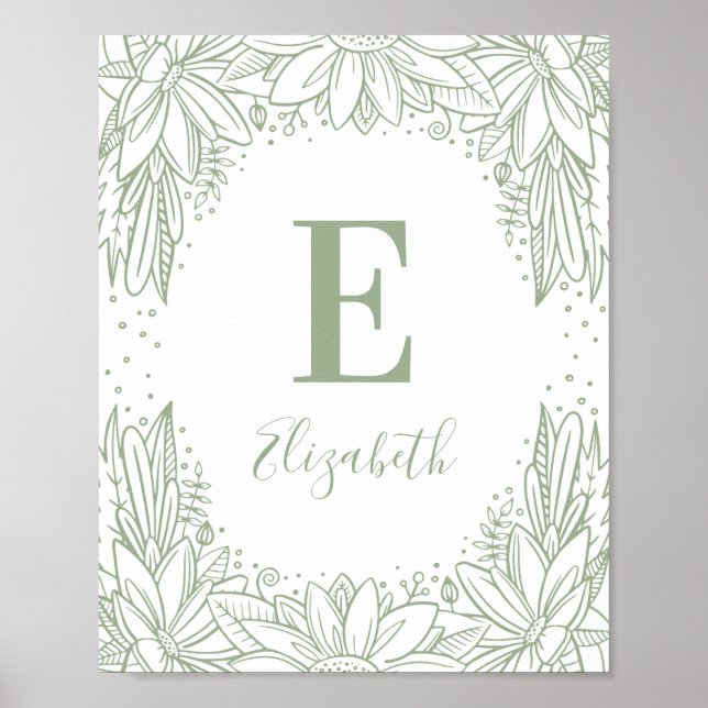 Rustic blommigt baby monogram. Land grönt plantsko Poster (Framsidan)