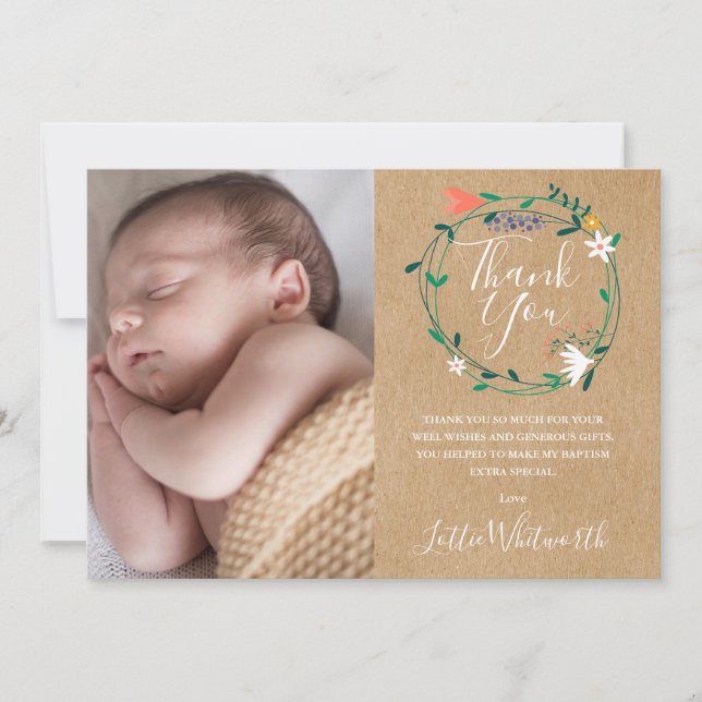 Rustic Blommigt Baptism, Christening Photo Tack Kort (Framsida)