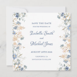 Rustic Blommigt Boho Blue och Beige Bröllop Spara Datumet