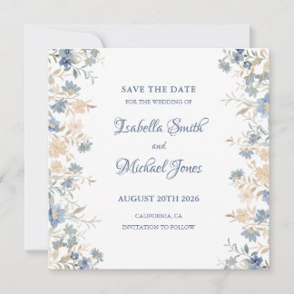 Rustic Blommigt Boho Blue och Beige Bröllop Spara Datumet