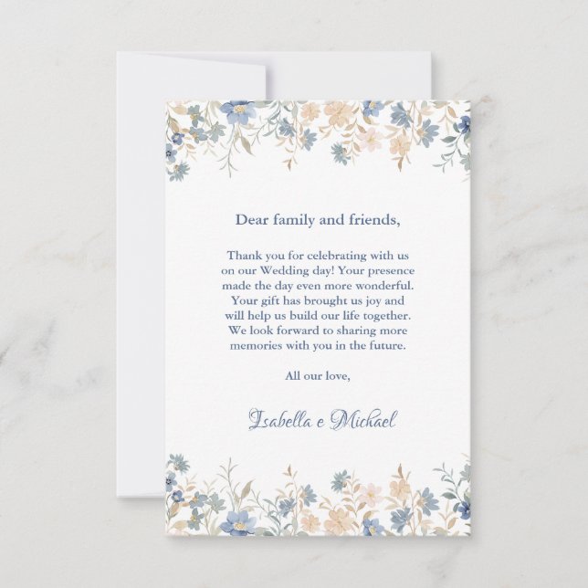 Rustic Blommigt Boho Blue och Beige Bröllop Tack Kort (Framsida)