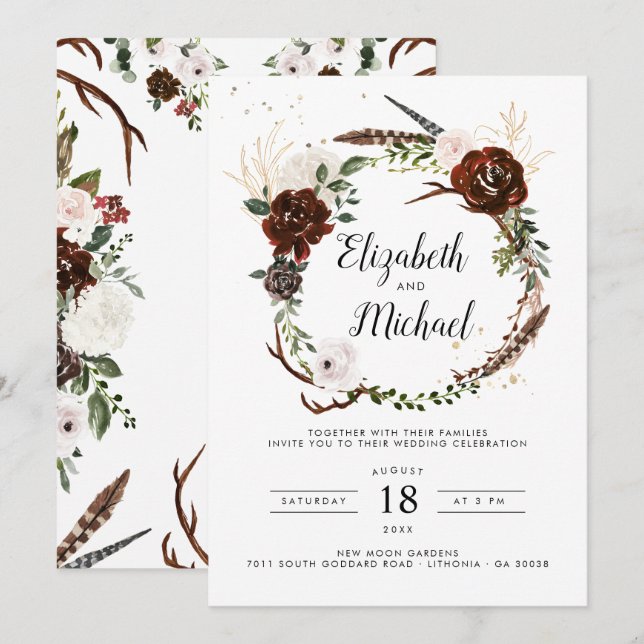 Rustic Blommigt | Boho Botanical Wedding bjudande Inbjudningar (Fram/baksida)