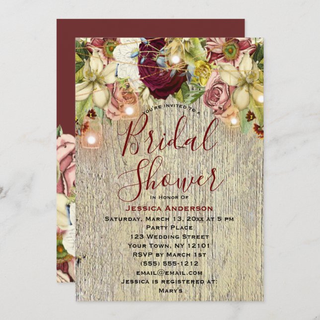 Rustic Blommigt Botanical Burgundy Möhippa Inbjudningar (Fram/baksida)