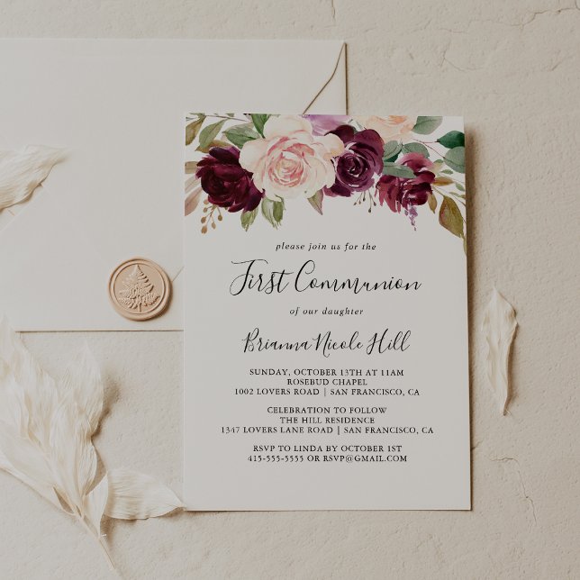 Rustic Blommigt Botanical Foliage First Communion Inbjudningar (Skapare uppladdad)
