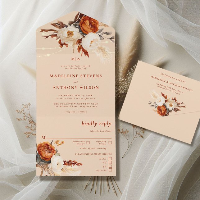 Rustic Blommigt Botanical Pampas Fall Boho Bröllop (rustic barn wedding invitation all in one burnt orange boho floral botanical rust terracotta cream)