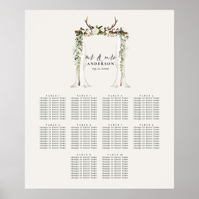 Rustic blommigt botaniskt säte för bröllop poster (Framsidan)