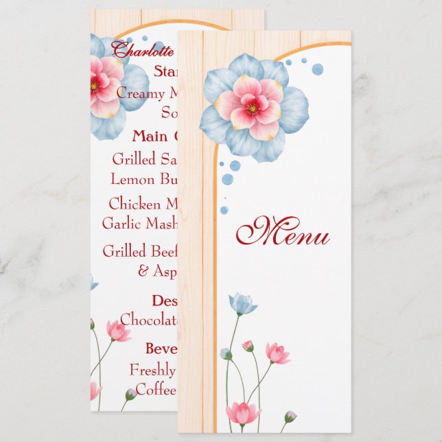 Rustic Blommigt Bröllop Meny (Fram/baksida)