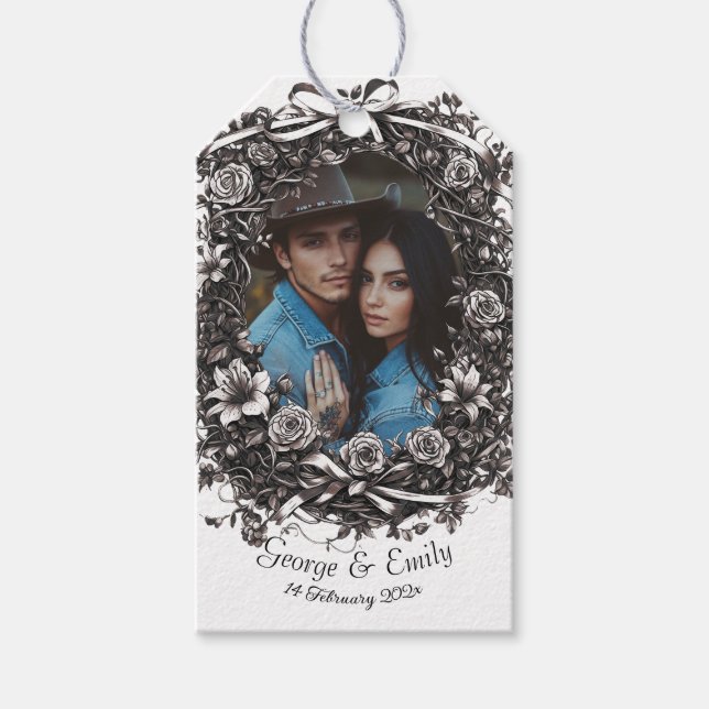 Rustic Blommigt Bröllop, sepia. Presentetikett (Framsidan)