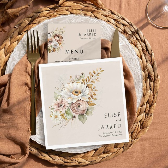 Rustic Blommigt Brown Neutralt Personlig Bröllop Pappersservett (Wedding napkins from Rustic Floral Brown Neutral Wedding Collection by Darling & May)