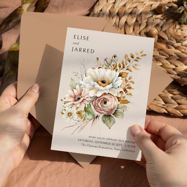 Rustic Blommigt Brown Neutralt Simple Elegant bröl Inbjudningar (Wedding Invitation from the Rustic Floral Brown Neutral Wedding Collection by Darling & May)