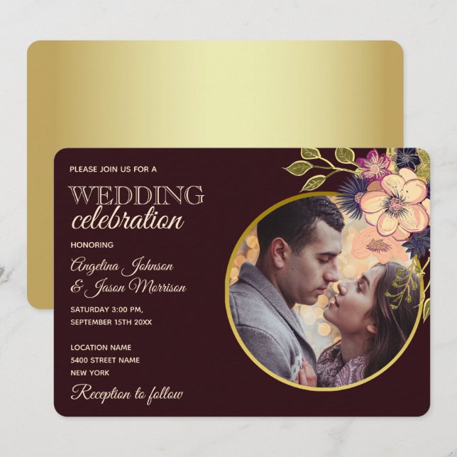 Rustic Blommigt Burgundy Bröllop Inbjudningar (Fram/baksida)
