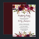 Rustic Blommigt Burgundy Födelsedagsfest inbjudan<br><div class="desc">Bohemian stil Födelsedagsfest inbjudan Card med vattenfärgad illustration av burguner,  röda och rosa och ro med fjädrar accent. Det här är perfekt till hösten | Fall- och vinterhändelser. Matchande objekt är också tillgängliga. Klicka på knappen "Anpassa" för att ändra typsnitt,  storlek och färg.</div>