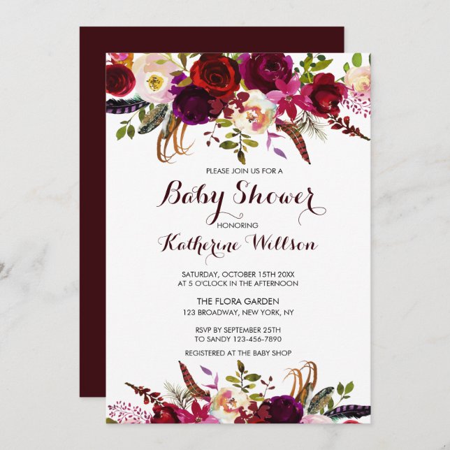 Rustic Blommigt Burgundy Marsala Baby Shower Inbjudningar (Fram/baksida)