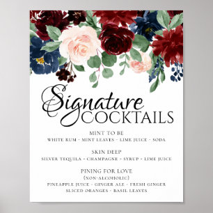 Rustic Blommigt burgundy Newlyged Drink Poster