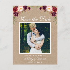 Rustic Blommigt Burgundy Spara fotot Kraft Meddelande Vykort