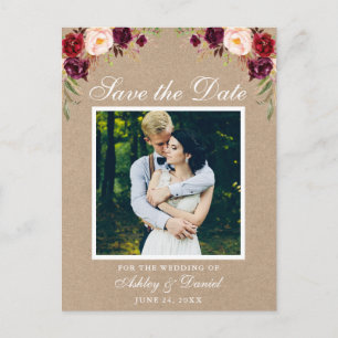 Rustic Blommigt Burgundy Spara fotot Kraft Meddelande Vykort