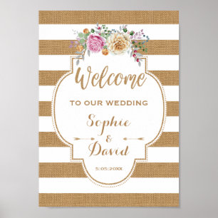 Rustic Blommigt Burlap Rand Bröllop WELCOME SIGN Poster