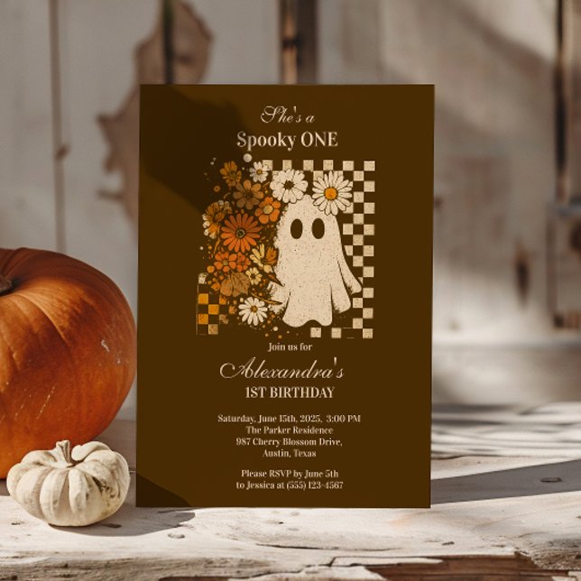 Rustic Blommigt Checkerboard Ghost 1 Birthday Inbjudningar (Skapare uppladdad)