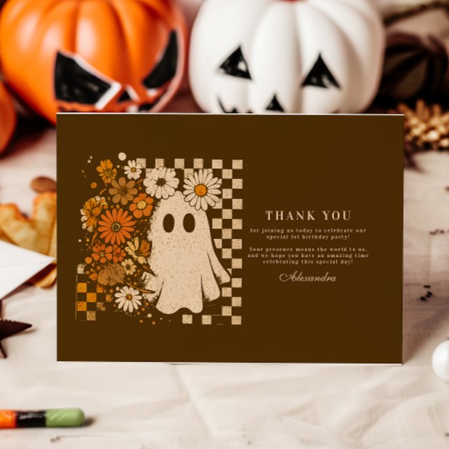 Rustic Blommigt Checkerboard Ghost 1 Birthday Tack Kort (Skapare uppladdad)
