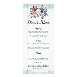 Rustic Blommigt Cow Skull Boho Bröllop Dinner Menu Reklamkort