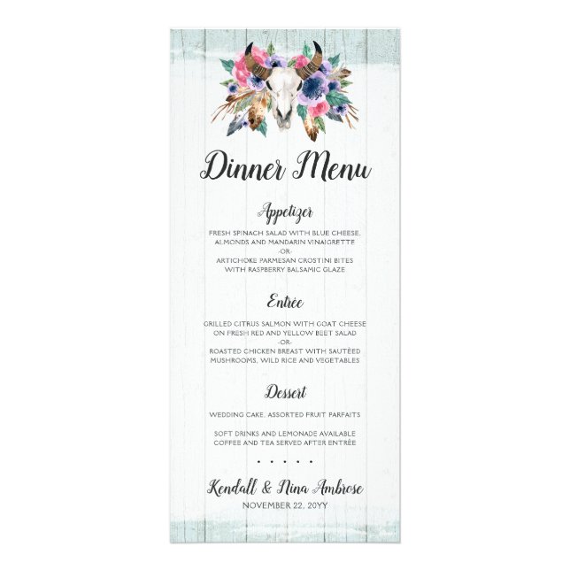 Rustic Blommigt Cow Skull Boho Bröllop Dinner Menu Reklamkort (Framsidan)
