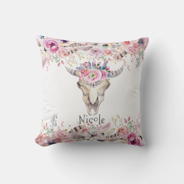 Rustic Blommigt Cow Skull Boho Chic Glam Anpassnin Kudde (Framsida)