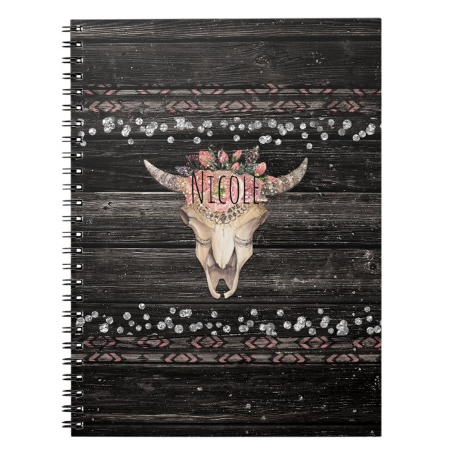 Rustic Blommigt Cow Skull Boho Chic Land Glam Anteckningsbok (Framsidan)