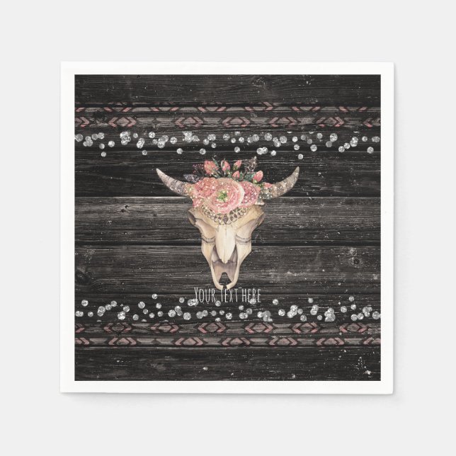 Rustic Blommigt Cow Skull Boho Chic Land Glam Pappersservett (Framsidan)