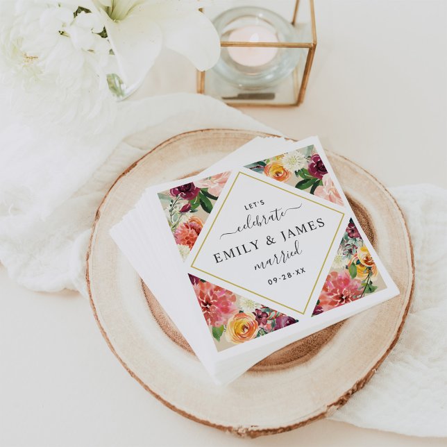 Rustic Blommigt Diamond Burgundy Bröllop Monogram Pappersservett (Skapare uppladdad)