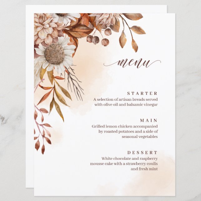 Rustic Blommigt Fall Wedding Menu (Fram/baksida)