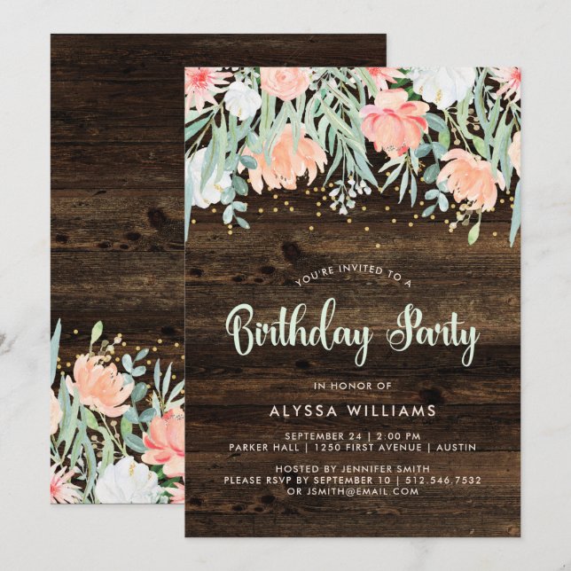 Rustic Blommigt | Födelsedagsfest inbjudan (Fram/baksida)