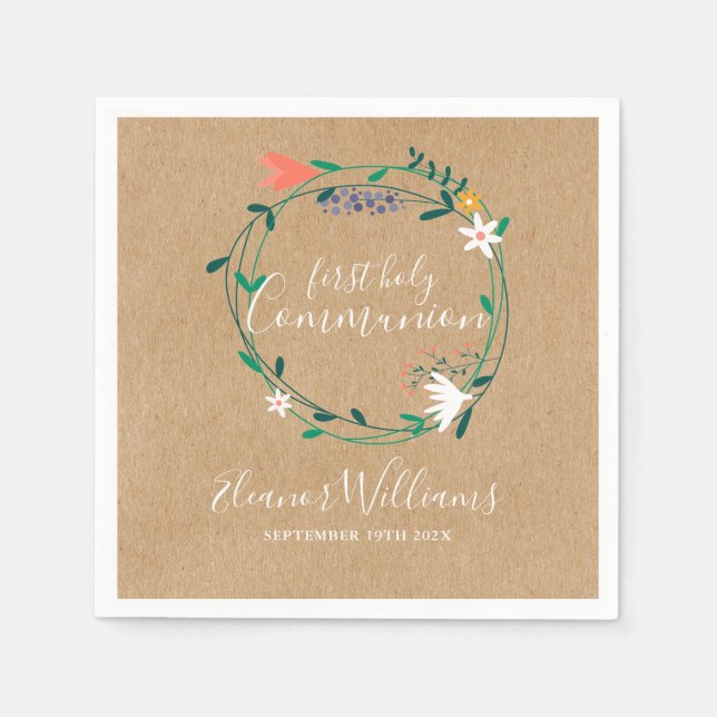 Rustic Blommigt Garland First Heliga Communion Pappersservett (Framsidan)