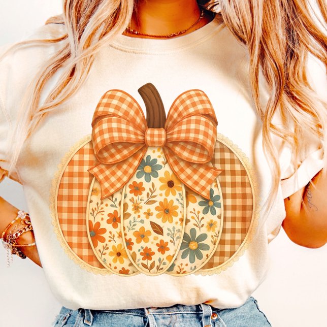 Rustic Blommigt Gingham Autumn Pumpkin T Shirt (Skapare uppladdad)