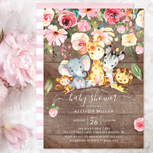 Rustic Blommigt Girls Safari Animals Baby Shower Inbjudningar