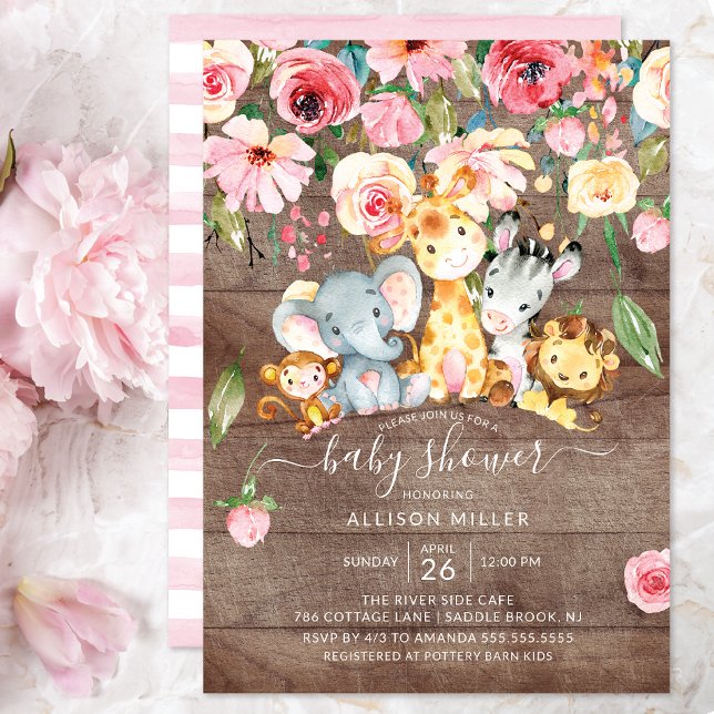 Rustic Blommigt Girls Safari Animals Baby Shower Inbjudningar (Skapare uppladdad)