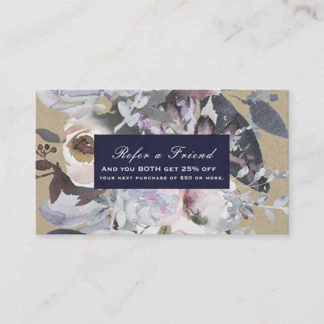 Rustic Blommigt Glam Navy Kraft Chic Reflektera en Rabattkort (Framsida)