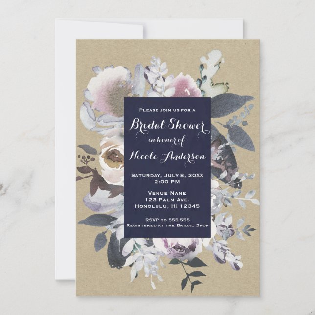 Rustic Blommigt Glam Navy Kraft Möhippa Chic Inbjudningar (Framsida)