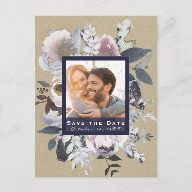 Rustic Blommigt Glam Navy Kraft Photo Save Date Meddelande Vykort (Framsida)
