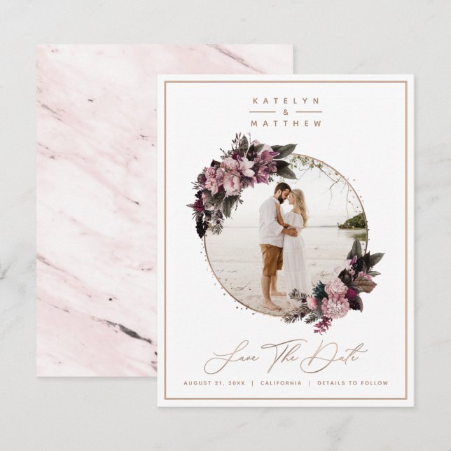 Rustic Blommigt Guld-framfoto och -kalligrafi Spara Datumet (Fram/baksida)