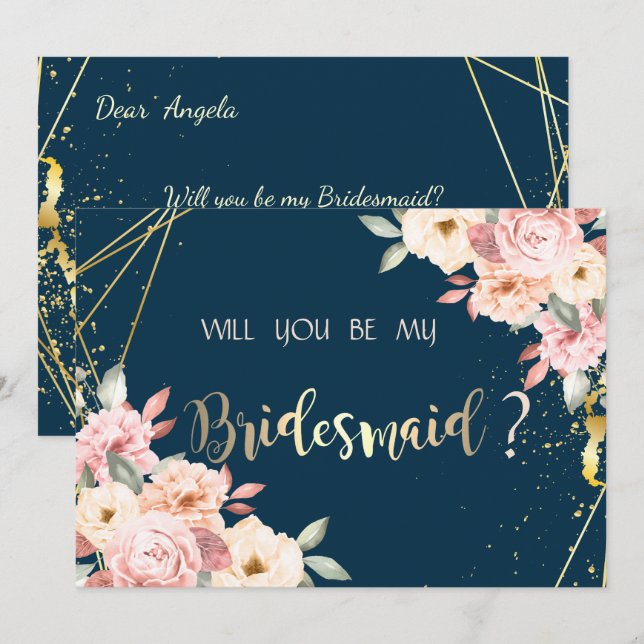 Rustic Blommigt, Guld marinblått Bridesmaid Card Inbjudningar (Fram/baksida)