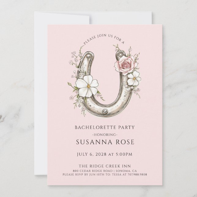 Rustic Blommigt Horseshoe Bachelorette Party Rosa Inbjudningar (Framsida)