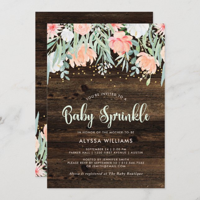Rustic Blommigt | Inbjudan till Baby Sprinkle (Fram/baksida)