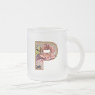 Rustic Blommigt Initial Brev P Monogram Frostad Glasmugg