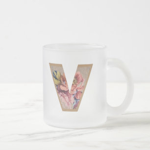 Rustic Blommigt Initial Brev V Monogram Frostad Glasmugg
