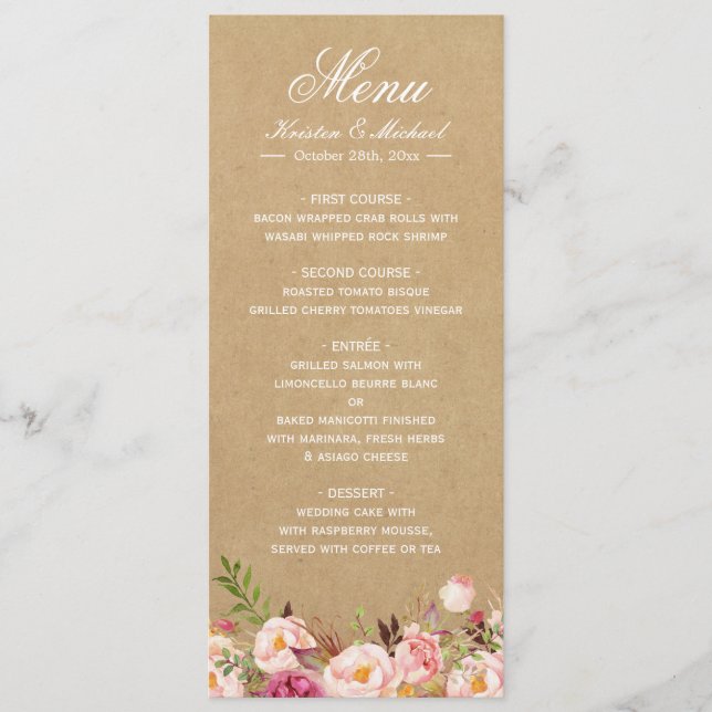 Rustic Blommigt Kraft | Elegant Chic Bröllop Menu Meny (Framsida)