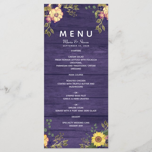 Rustic Blommigt Lila Bröllop Menu Meny (Framsida)