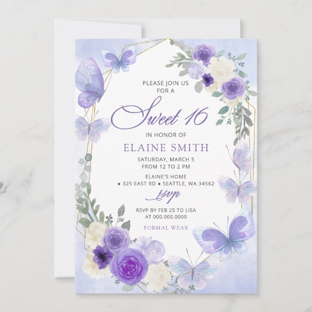 Rustic Blommigt Lila Lilac Butterflies Sweet 16 Inbjudningar (Framsida)