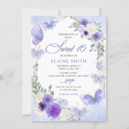 Rustic Blommigt Lila Lilac Butterflies Sweet 16 Inbjudningar