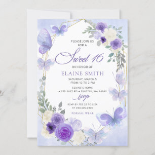 Rustic Blommigt Lila Lilac Butterflies Sweet 16 Inbjudningar