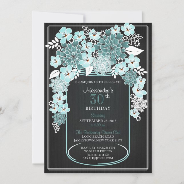 Rustic Blommigt Mason Burk Chalkboard Birthday 4 Inbjudningar (Framsida)